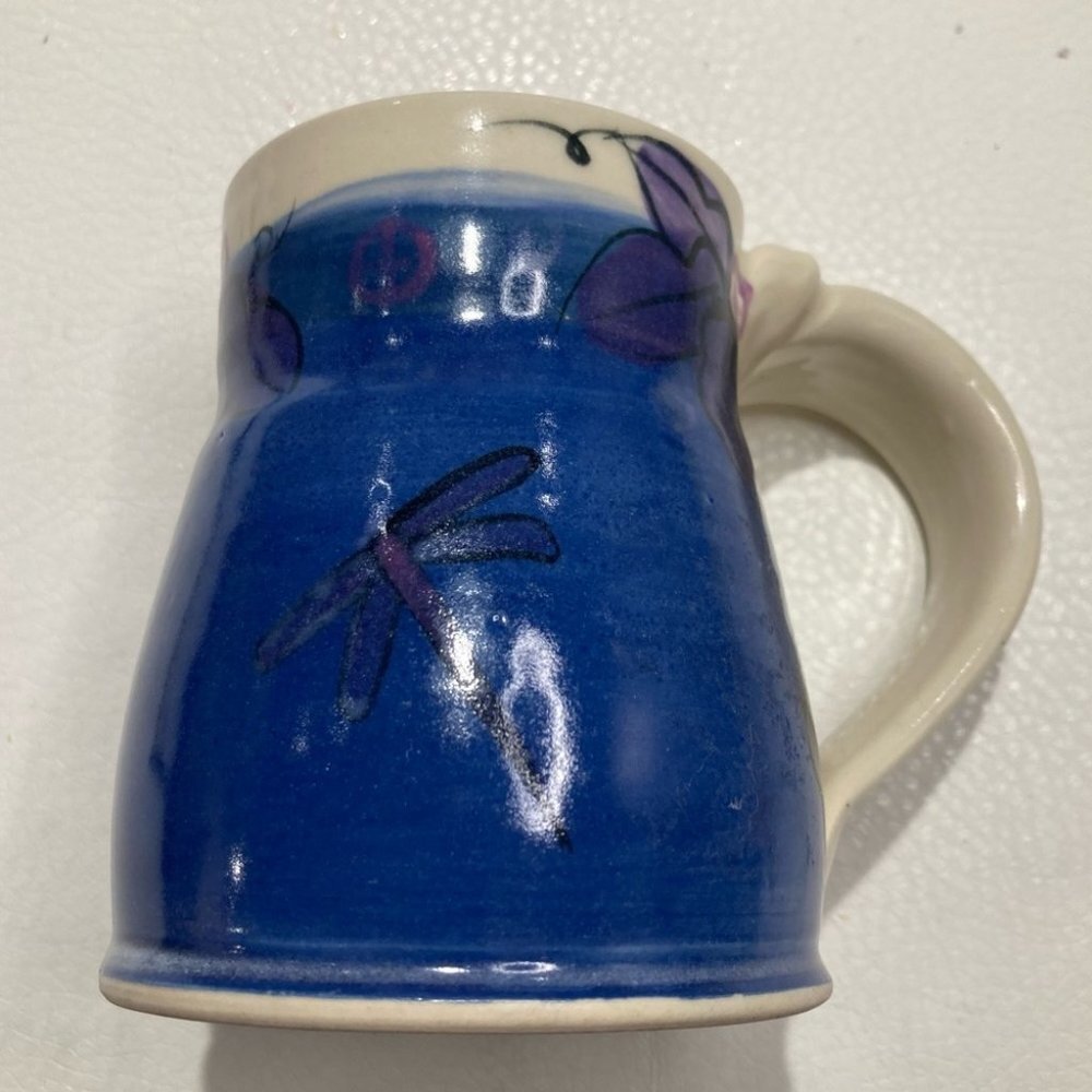 MUG Floral and Dragonfly Motif Handmade Artist Artisan Made Ceramic Glazed 14 oz